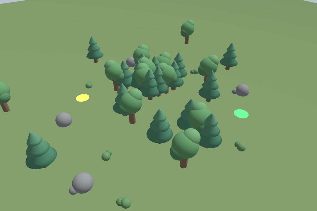 Overview of the course: clusters of pine and leafy trees, grey rocks and bushes on a grass plane, with coloured waypoint markers on the ground