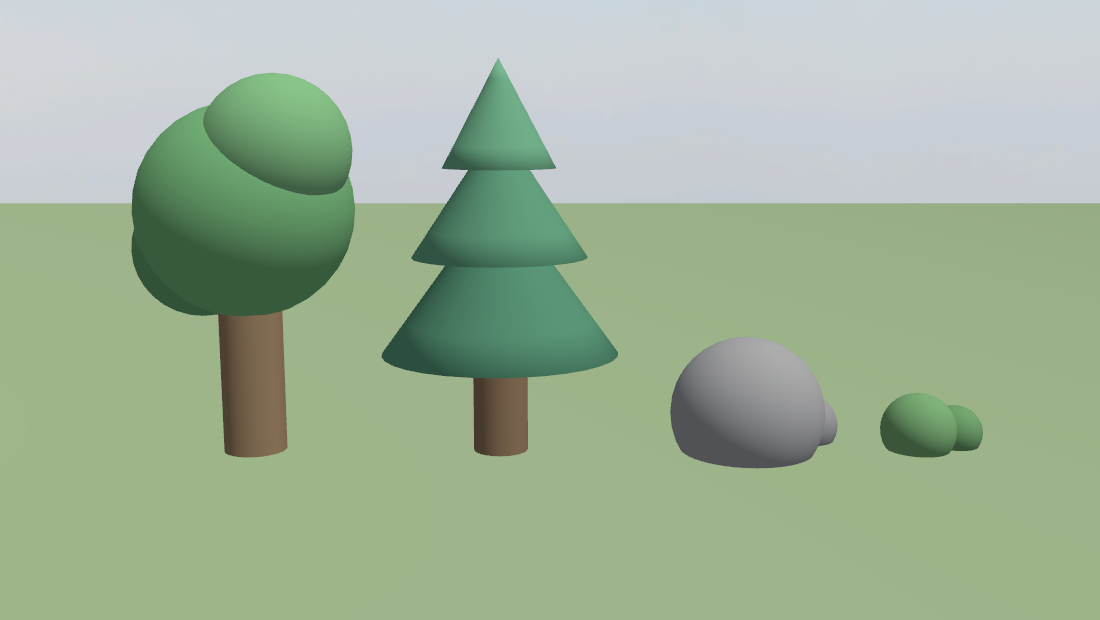 The four custom models side by side: a leafy tree, a pine tree, a rock and a bush, built from simple shapes